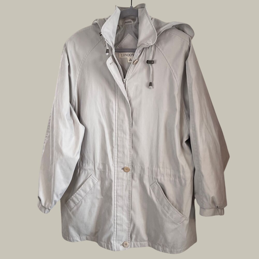 London Fog Hooded Anorak Jacket Womens 2X Beige Stone Zip Utility Parka Coat - Picture 3 of 9